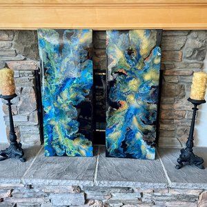 2  YES 2 Dutch Pour Paintings 15" X 30" X 1.75" inches resin protected for you.